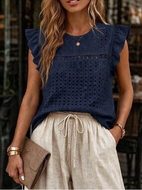 Navy Eyelet Lace Flutter Sleeve Top | Boutique Summer Blouse